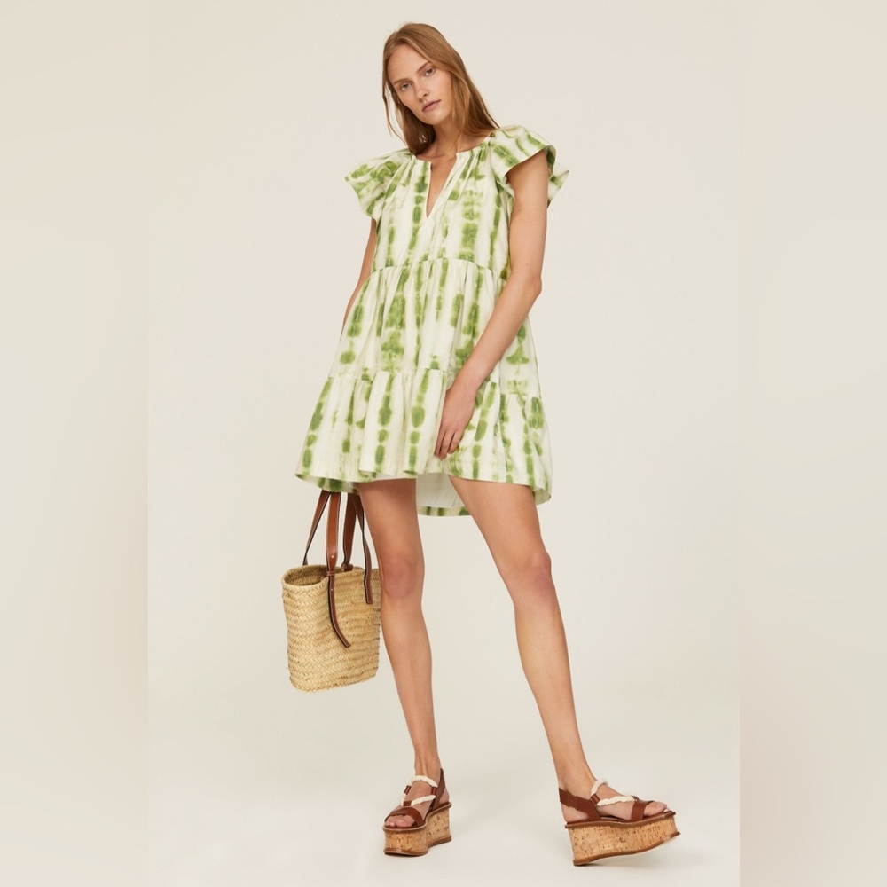 Marie Oliver Kara Dress~ Green Tie-Dye Ruffle Sleeve